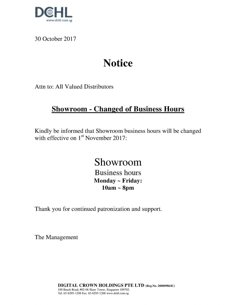 Notice - Change of Business Hours