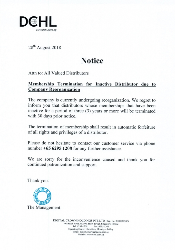 Notice - Membership Termination for Inactive Distributors-1