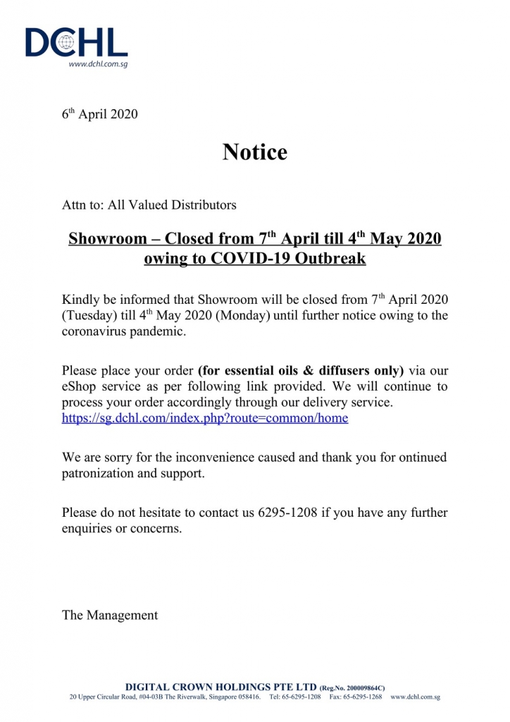 Notice - Showroom Closed from 7th April till 4th May 2020 owing to COVID-19 Outbreak-1