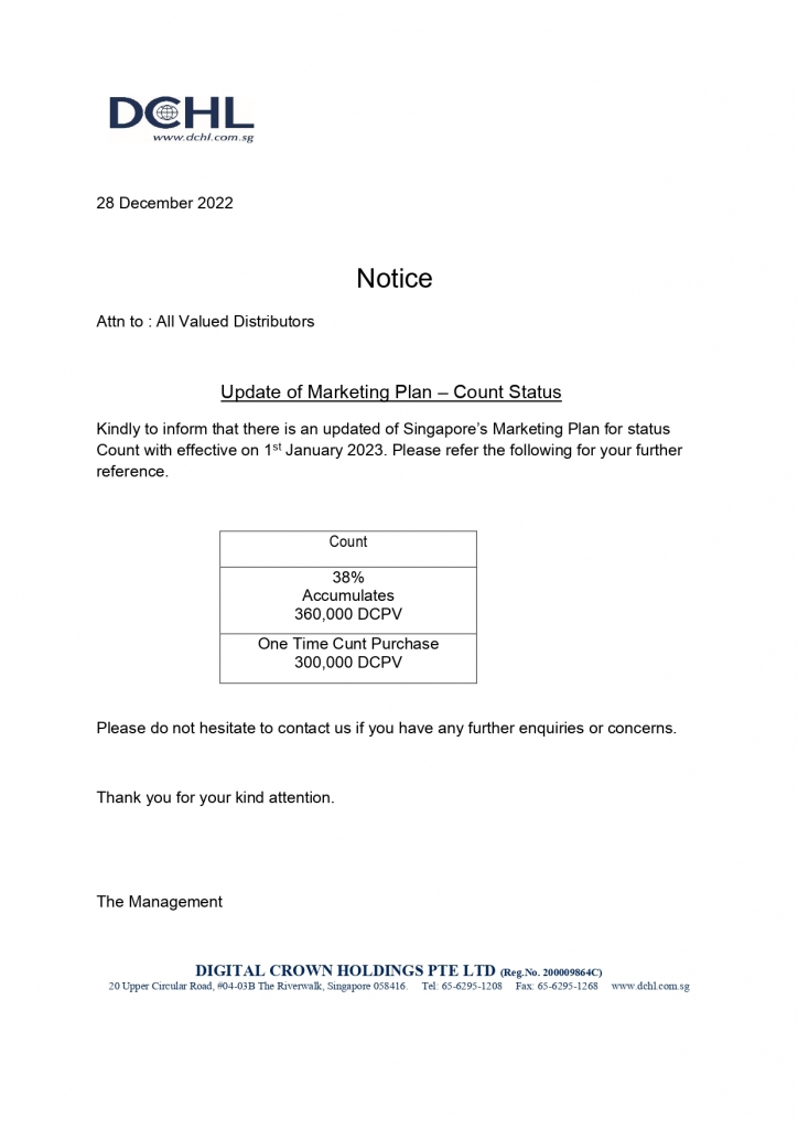 Notice - Update of Marketing Plan (Count Status)